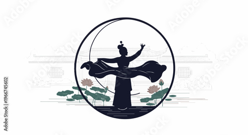 Silhouette of a dancer in a traditional gown with a lotus pond and pagoda background