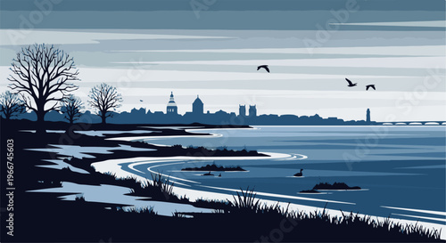 Serene waterside cityscape with bare trees, birds, and distant skyline