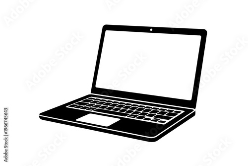 Sleek black laptop computer icon with blank white screen, isolated on a clean background. Modern digital notebook PC symbol for technology, business, education, and remote work. Essential vector graph