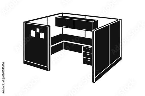 Professional office cubicle setup with L-shaped desk, integrated storage, overhead cabinets, and privacy panels. Ideal for corporate environments, modern workspaces, employee productivity, and efficie