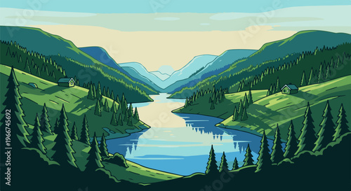 Serene pixelated mountain valley with a winding river and remote cabins