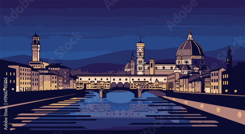 Pixelated cityscape with river reflecting lights under a dusky blue sky