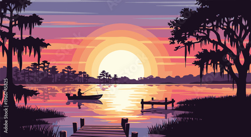 Pixel art sunset over a tranquil lake with a lone fisherman in a boat