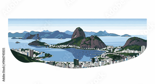 Pixelated coastal city with iconic peak and vast bay under a pale sky