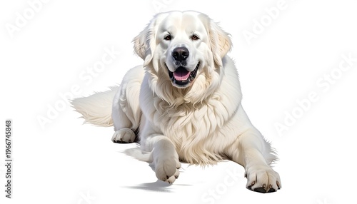A fluffy, white dog, with open mouth in an inviting expression. It is set against a clean, white background, creating high contrast