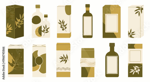 Collection of olive oil bottles and boxes with modern abstract designs
