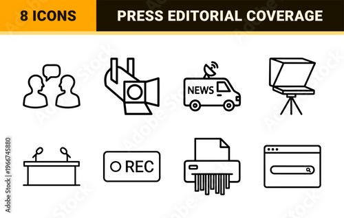 Professional Journalism and News Media Minimalist Monoline Geometric Outline Symbols for Editorial Broadcasting and Digital Reporting