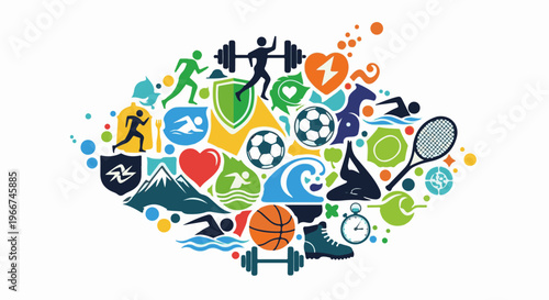 Colorful collage of sports, healthy food, and outdoor activity icons