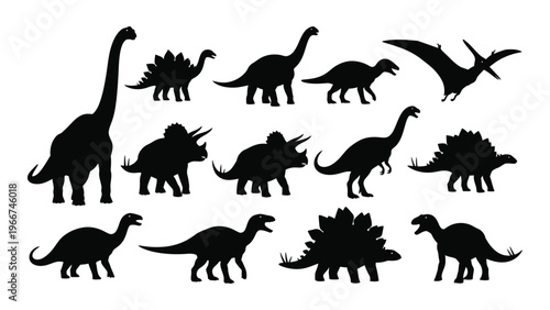 A collection of prehistoric creatures including dinosaurs and pterosaurs are depicted in stark black silhouettes high quality professional detailed modern elegant