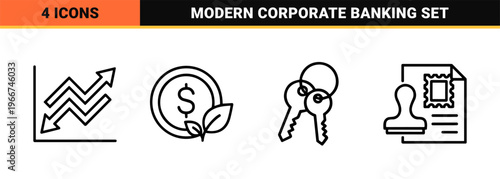 Financial Investment and Banking Thin Line Icons Featuring Capital Management, Wealth Growth, and Corporate Finance Strategy Concepts