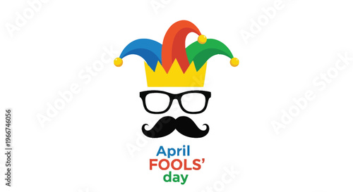 Playful jester hat, glasses, and mustache graphic design for an April Fools' Day celebration