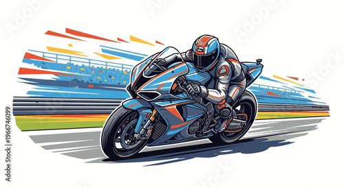 A motorcycle racer in blue and orange gear speeds down a track