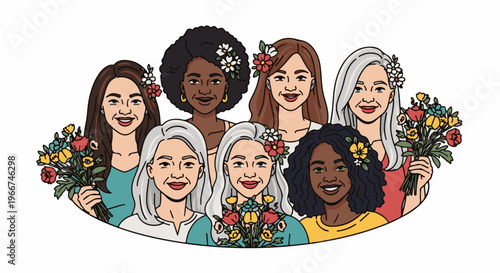 Diverse group of smiling women of various ages and ethnicities