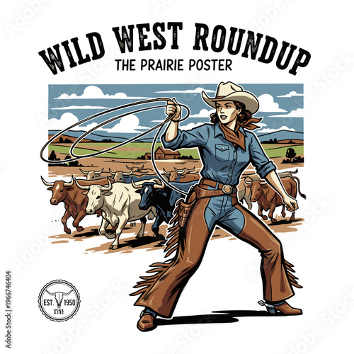 Wild west roundup cowgirl with lasso herding cattle, vintage prairie poster design, retro americana graphic illustration for t-shirt and apparel