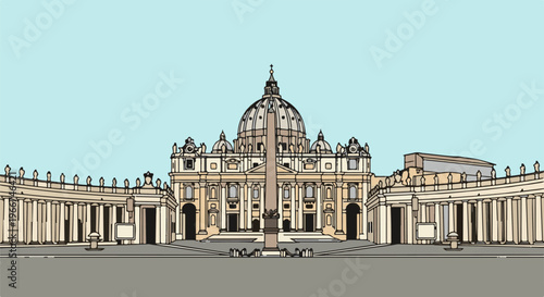 Grand piazza with a monumental basilica, colonnade, and central obelisk under a blue sky
