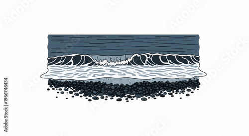 Dark waves crash on a pebble beach under a muted sky