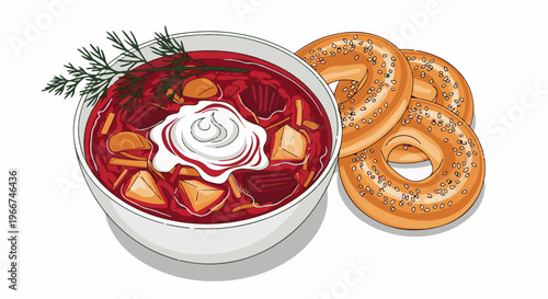 Hearty red beet soup with sour cream and dill, paired with round pastries