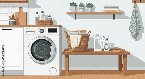 Laundry room with washing machine, basket, and cleaning supplies