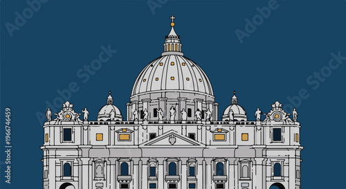 Iconic domed basilica with classical architecture detailed against a deep blue background