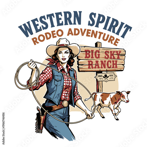 Vintage cowgirl with lasso and calf at Big Sky Ranch, retro western rodeo mascot vector illustration for t-shirt design