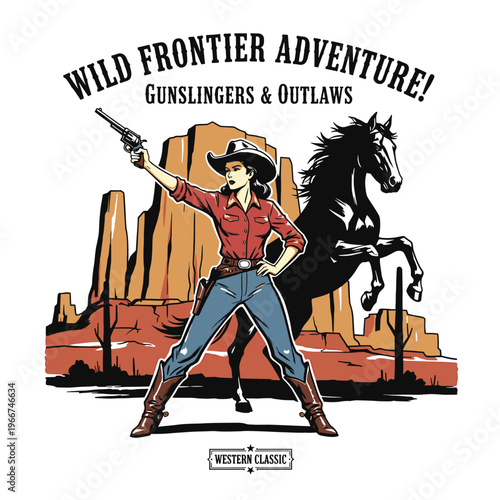 Vintage wild west cowgirl gunslinger with rearing horse and desert mesa landscape, retro frontier adventure graphic illustration for t-shirt design