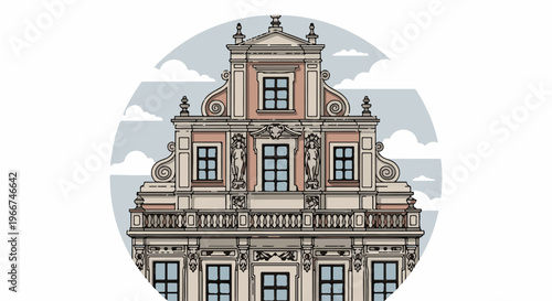 Ornate building facade with classical architectural details and sky