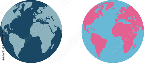 World map globe icons set in flat design with contrasting colors, global geography earth symbol illustration isolated on white background