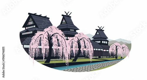Pixel art castle with weeping cherry blossoms and cobblestone path