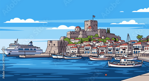 Pixel art depiction of a coastal town with a castle and harbor filled with boats