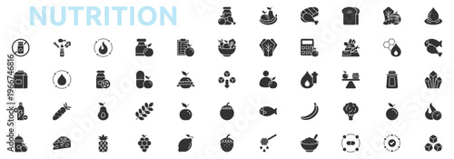 Nutrition icon set glyph style with fruits, meat, carbohydrate, vegetable, water, protein, mineral, calories, sugar, metabolism, supplement, nutrition plan, healthy food icons