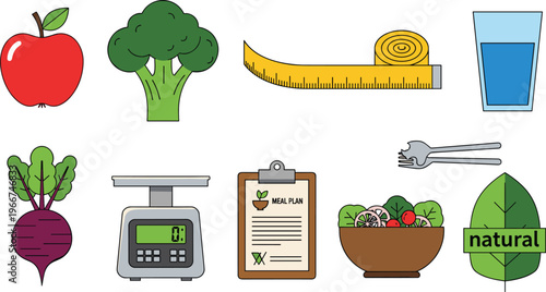 Healthy Eating and Nutrition Icons Set Featuring Apple, Broccoli, Water, Salad, Food Scale, and Natural Ingredients for Wellness and Diet Concepts