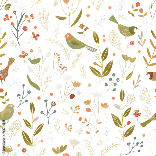 Whimsical flock of stylized birds scattered among delicate floral patterns