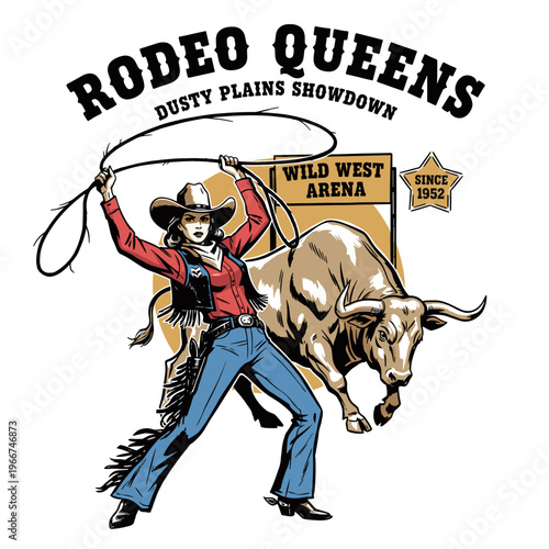 Vintage rodeo queen cowgirl with lasso and bull, wild west showdown mascot graphic illustration for t-shirt design