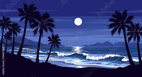 Pixel art night scene of a tropical beach with moonlit waves and palms