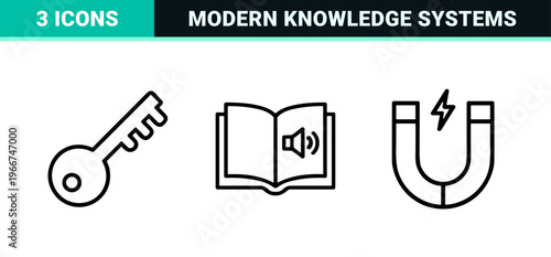 Education and Knowledge Management Mono Line Icons. Minimalist Geometric Line Art for Academic Research, E-learning, and Science.