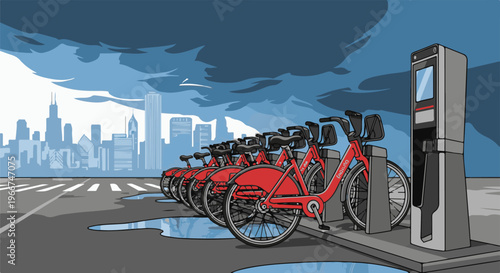 Row of red bikes parked near city skyline under stormy sky