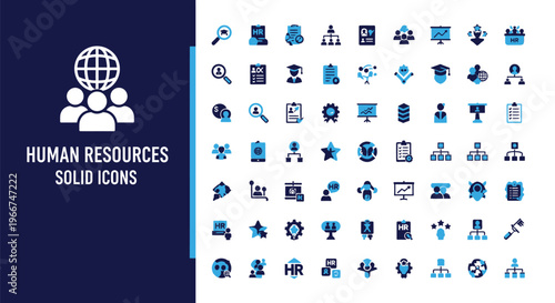 A large collection of human resources solid icon set representing global workforce management concepts