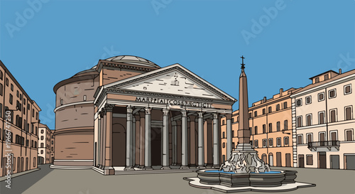 Stylized depiction of an ancient building with a dome and columns, in a city square with a fountain and obelisk