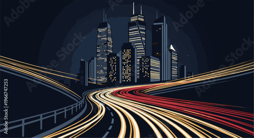 Streaking lights create dynamic energy on a busy highway leading to city skyscrapers