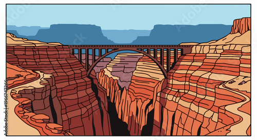 Stylized illustration of a large bridge spanning a vast, colorful canyon with layered rock formations