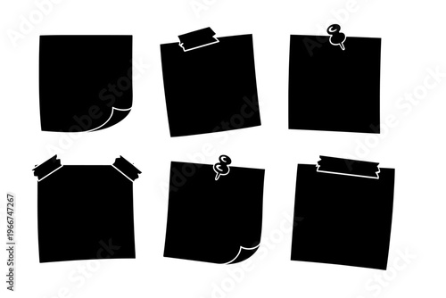 Versatile collection of black sticky notes with tape, pushpins, and curled corners. Blank paper memo silhouettes, isolated on white background. Hand-drawn doodle style message boards, reminder pads, a