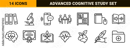 Cognitive Science and Academic Education Minimalist Monoline Icon Set Featuring Geometric Research Symbols and Learning Process Line Art