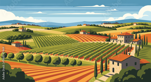 A picturesque Tuscan landscape with rolling hills, vineyards, and traditional houses