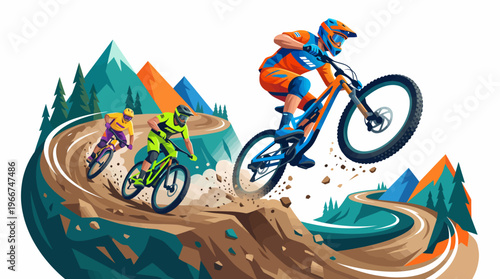 Three mountain bikers racing down a winding dirt trail with mountains in the background, one biker jumping.