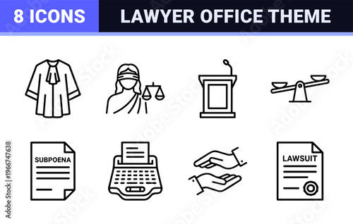 Law and Justice System Monoline Outlines, Minimalist Geometric Line Art Icons for Legal Services, Judiciary, and Attorney Branding