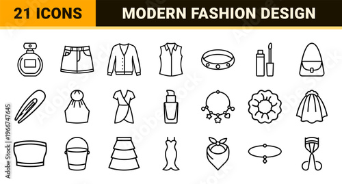 Feminine Fashion and Lifestyle Minimalist Monoline Outline Symbols Featuring Geometric Apparel Beauty and Accessory Silhouettes