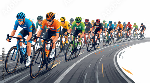 A large group of cyclists in colorful jerseys racing on a winding road, illustrating a dynamic cycling competition.