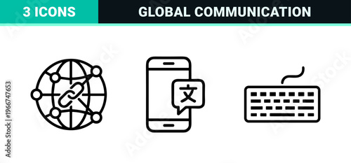 Global Communication and Linguistics Education Minimalist Monoline Outline Grid for Digital Learning Platforms and Translation Apps