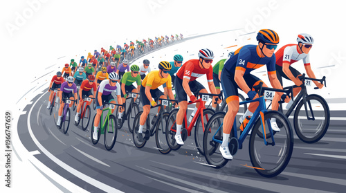 A large group of professional cyclists in colorful jerseys racing on a winding road, illustrating a competitive cycling event.