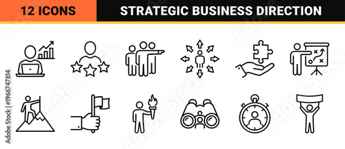 Leadership and Management Thin Line Art Outline Icons. Minimalist Geometric Business Strategy and Teamwork Success Graphic Elements.